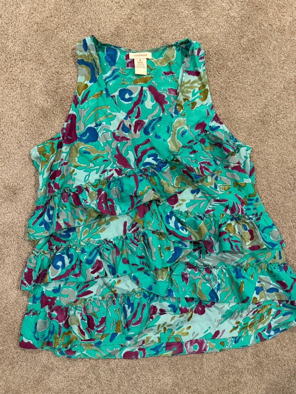 Sundance Silk Cotton Ruffle Tank Top Size 16 Teal Floral Boho